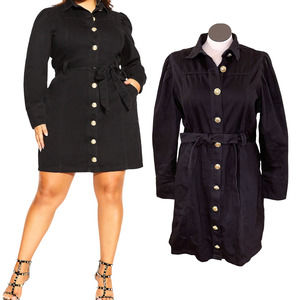 City Chic Plus Size 18 Royal Denim Dress Long Sleeve Chunky Gold Buttons Belted